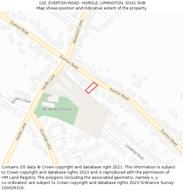 120, EVERTON ROAD, HORDLE, LYMINGTON, SO41 0HB: Location map and indicative extent of plot