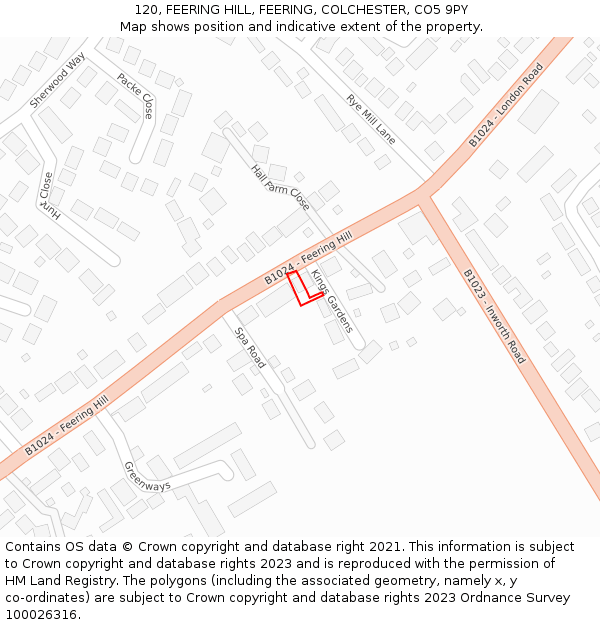 120, FEERING HILL, FEERING, COLCHESTER, CO5 9PY: Location map and indicative extent of plot