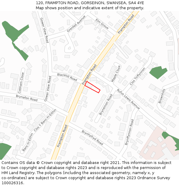 120, FRAMPTON ROAD, GORSEINON, SWANSEA, SA4 4YE: Location map and indicative extent of plot