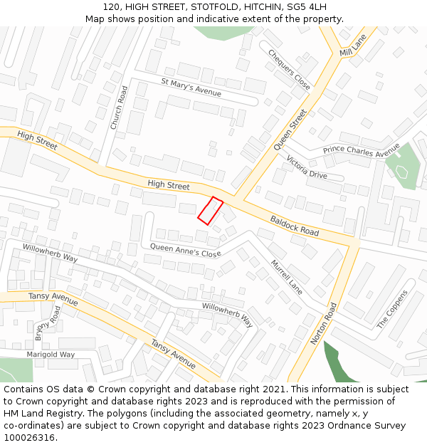 120, HIGH STREET, STOTFOLD, HITCHIN, SG5 4LH: Location map and indicative extent of plot