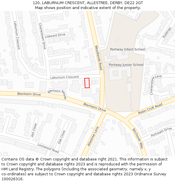 120, LABURNUM CRESCENT, ALLESTREE, DERBY, DE22 2GT: Location map and indicative extent of plot