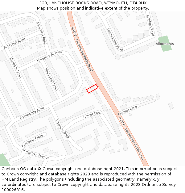 120, LANEHOUSE ROCKS ROAD, WEYMOUTH, DT4 9HX: Location map and indicative extent of plot