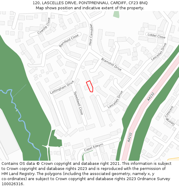 120, LASCELLES DRIVE, PONTPRENNAU, CARDIFF, CF23 8NQ: Location map and indicative extent of plot