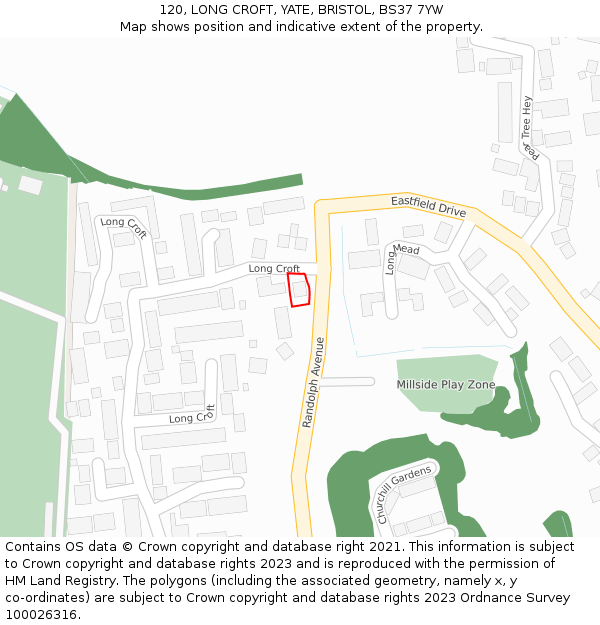 120, LONG CROFT, YATE, BRISTOL, BS37 7YW: Location map and indicative extent of plot