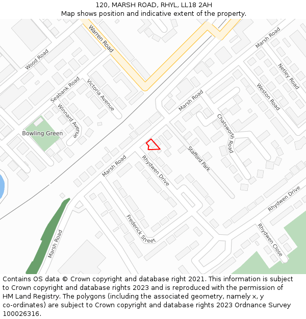 120, MARSH ROAD, RHYL, LL18 2AH: Location map and indicative extent of plot