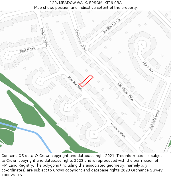 120, MEADOW WALK, EPSOM, KT19 0BA: Location map and indicative extent of plot