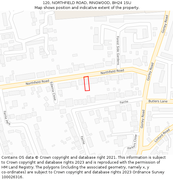 120, NORTHFIELD ROAD, RINGWOOD, BH24 1SU: Location map and indicative extent of plot