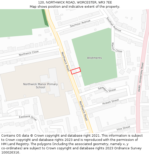 120, NORTHWICK ROAD, WORCESTER, WR3 7EE: Location map and indicative extent of plot