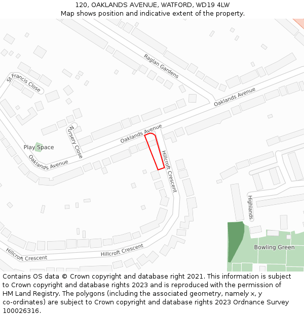 120, OAKLANDS AVENUE, WATFORD, WD19 4LW: Location map and indicative extent of plot