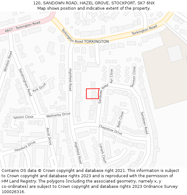 120, SANDOWN ROAD, HAZEL GROVE, STOCKPORT, SK7 6NX: Location map and indicative extent of plot