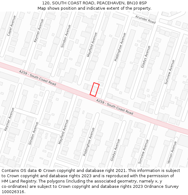 120, SOUTH COAST ROAD, PEACEHAVEN, BN10 8SP: Location map and indicative extent of plot