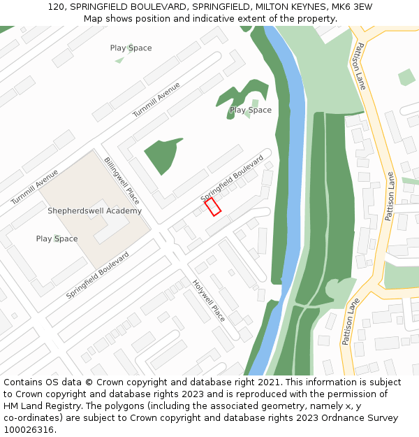 120, SPRINGFIELD BOULEVARD, SPRINGFIELD, MILTON KEYNES, MK6 3EW: Location map and indicative extent of plot