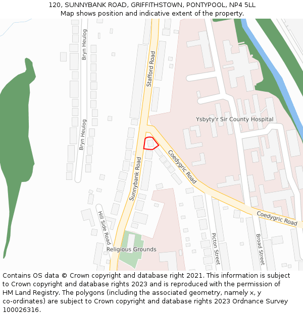 120, SUNNYBANK ROAD, GRIFFITHSTOWN, PONTYPOOL, NP4 5LL: Location map and indicative extent of plot