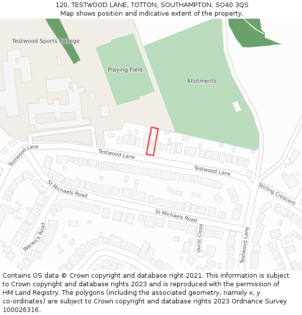 120, TESTWOOD LANE, TOTTON, SOUTHAMPTON, SO40 3QS: Location map and indicative extent of plot