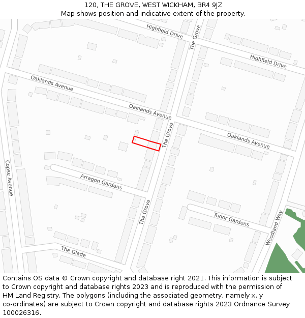 120, THE GROVE, WEST WICKHAM, BR4 9JZ: Location map and indicative extent of plot