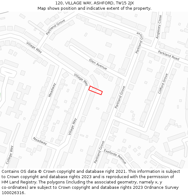 120, VILLAGE WAY, ASHFORD, TW15 2JX: Location map and indicative extent of plot