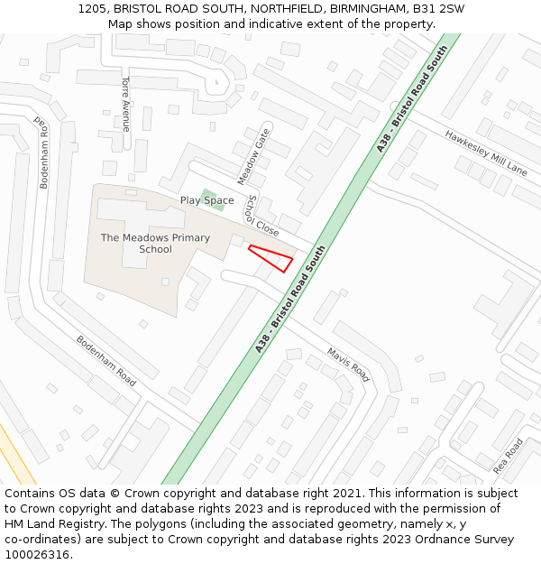 1205, BRISTOL ROAD SOUTH, NORTHFIELD, BIRMINGHAM, B31 2SW: Location map and indicative extent of plot