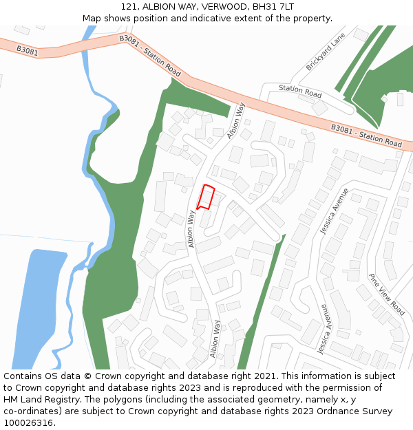 121, ALBION WAY, VERWOOD, BH31 7LT: Location map and indicative extent of plot