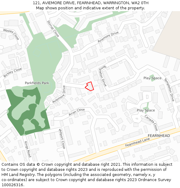 121, AVIEMORE DRIVE, FEARNHEAD, WARRINGTON, WA2 0TH: Location map and indicative extent of plot