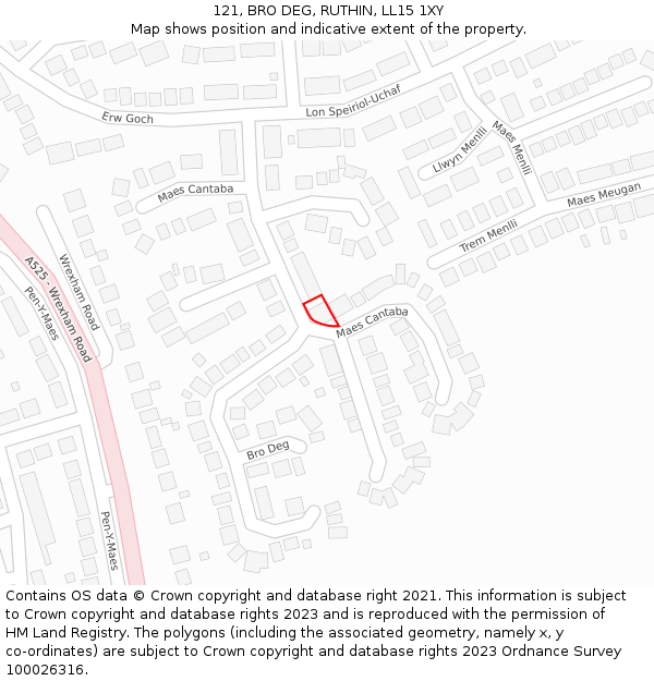 121, BRO DEG, RUTHIN, LL15 1XY: Location map and indicative extent of plot