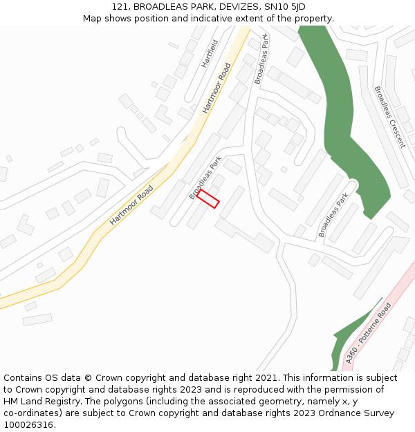 121, BROADLEAS PARK, DEVIZES, SN10 5JD: Location map and indicative extent of plot