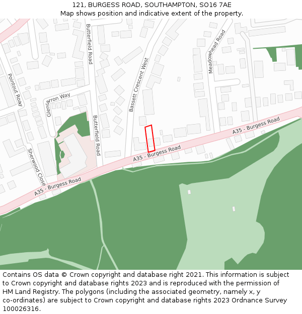 121, BURGESS ROAD, SOUTHAMPTON, SO16 7AE: Location map and indicative extent of plot