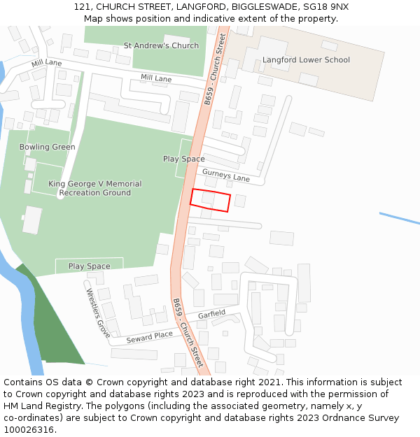 121, CHURCH STREET, LANGFORD, BIGGLESWADE, SG18 9NX: Location map and indicative extent of plot