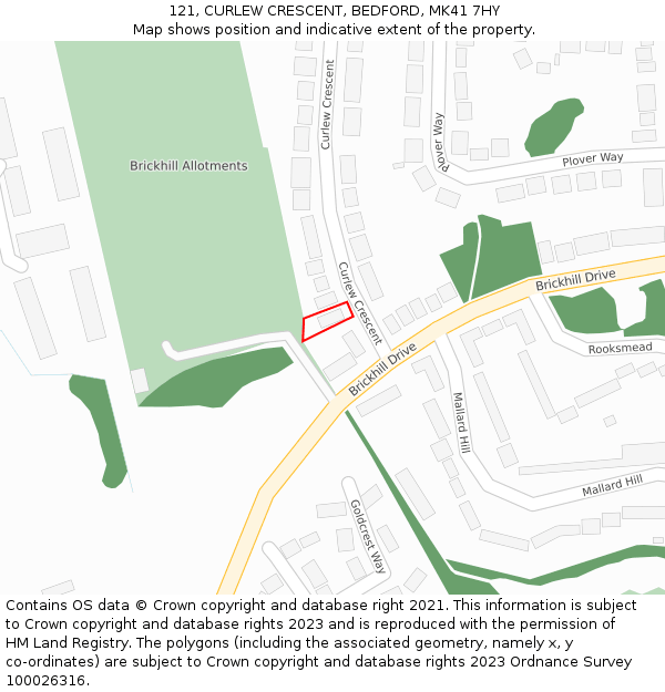 121, CURLEW CRESCENT, BEDFORD, MK41 7HY: Location map and indicative extent of plot