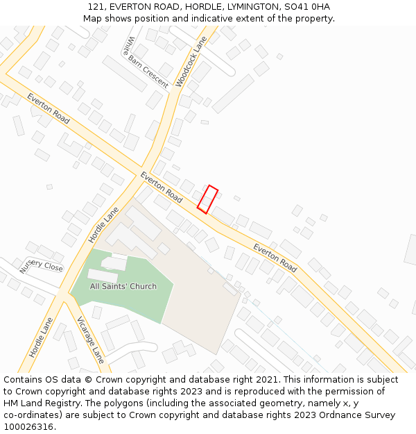 121, EVERTON ROAD, HORDLE, LYMINGTON, SO41 0HA: Location map and indicative extent of plot