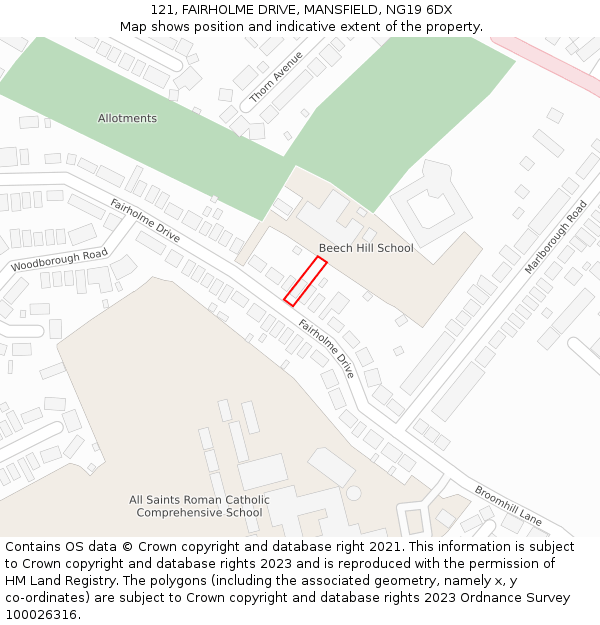 121, FAIRHOLME DRIVE, MANSFIELD, NG19 6DX: Location map and indicative extent of plot