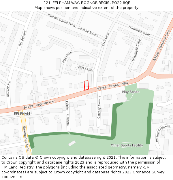 121, FELPHAM WAY, BOGNOR REGIS, PO22 8QB: Location map and indicative extent of plot