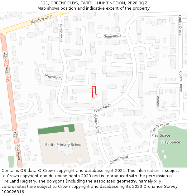 121, GREENFIELDS, EARITH, HUNTINGDON, PE28 3QZ: Location map and indicative extent of plot