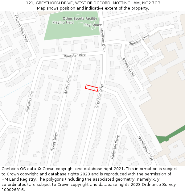 121, GREYTHORN DRIVE, WEST BRIDGFORD, NOTTINGHAM, NG2 7GB: Location map and indicative extent of plot