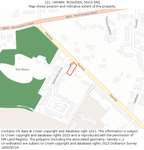 121, HAYWAY, RUSHDEN, NN10 6AQ: Location map and indicative extent of plot