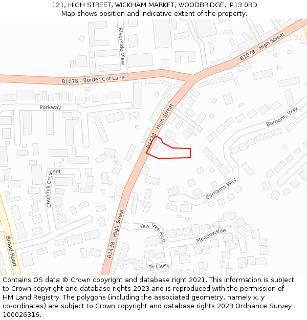 121, HIGH STREET, WICKHAM MARKET, WOODBRIDGE, IP13 0RD: Location map and indicative extent of plot