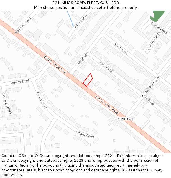 121, KINGS ROAD, FLEET, GU51 3DR: Location map and indicative extent of plot