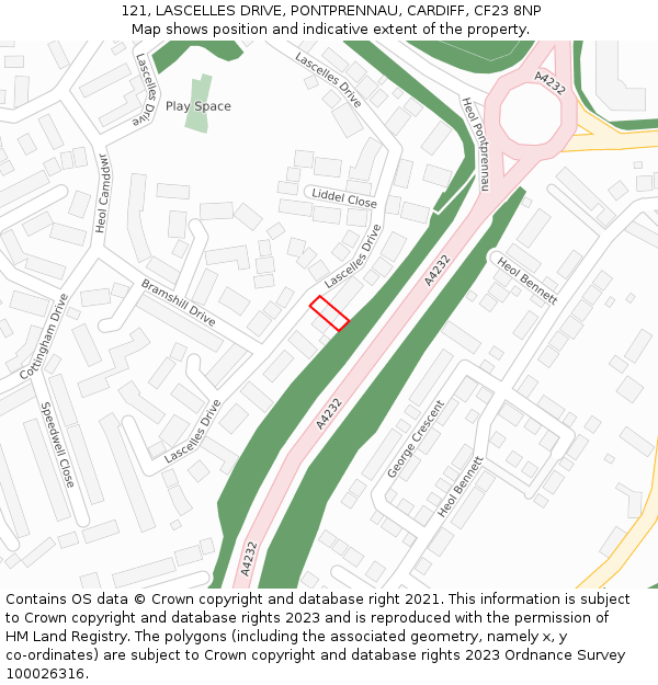 121, LASCELLES DRIVE, PONTPRENNAU, CARDIFF, CF23 8NP: Location map and indicative extent of plot