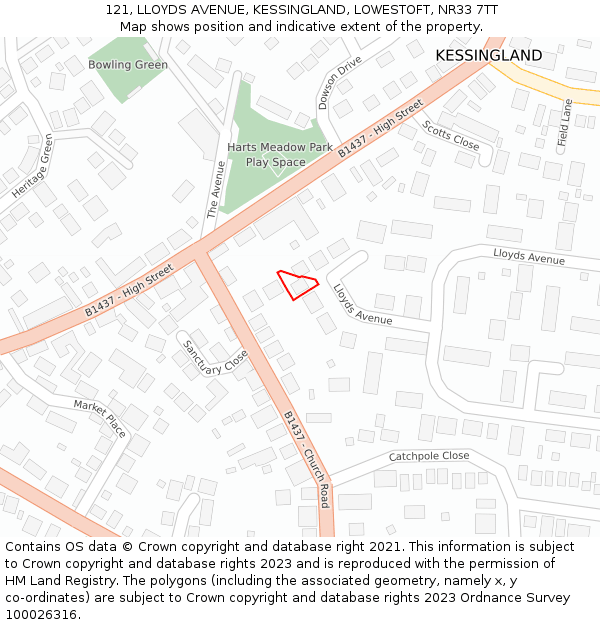 121, LLOYDS AVENUE, KESSINGLAND, LOWESTOFT, NR33 7TT: Location map and indicative extent of plot