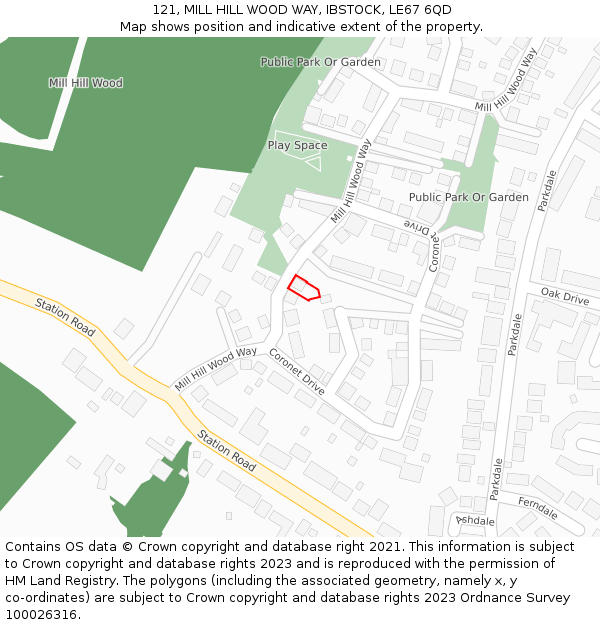 121, MILL HILL WOOD WAY, IBSTOCK, LE67 6QD: Location map and indicative extent of plot