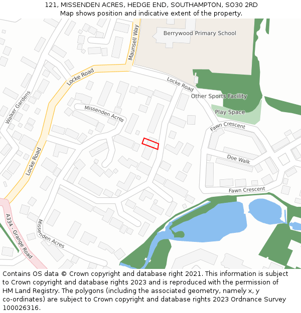 121, MISSENDEN ACRES, HEDGE END, SOUTHAMPTON, SO30 2RD: Location map and indicative extent of plot