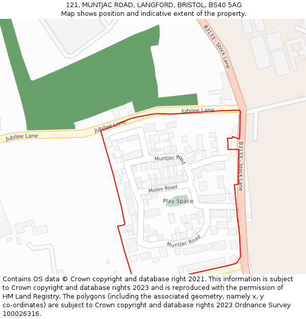 121, MUNTJAC ROAD, LANGFORD, BRISTOL, BS40 5AG: Location map and indicative extent of plot