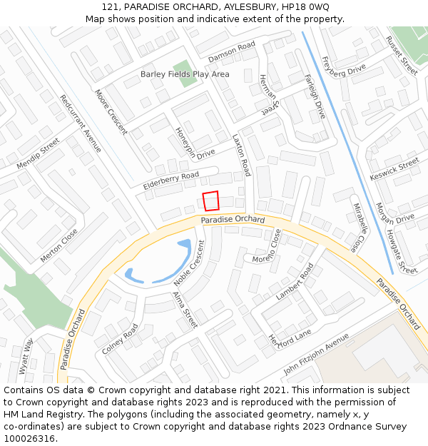 121, PARADISE ORCHARD, AYLESBURY, HP18 0WQ: Location map and indicative extent of plot
