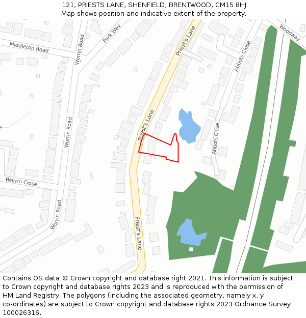 121, PRIESTS LANE, SHENFIELD, BRENTWOOD, CM15 8HJ: Location map and indicative extent of plot