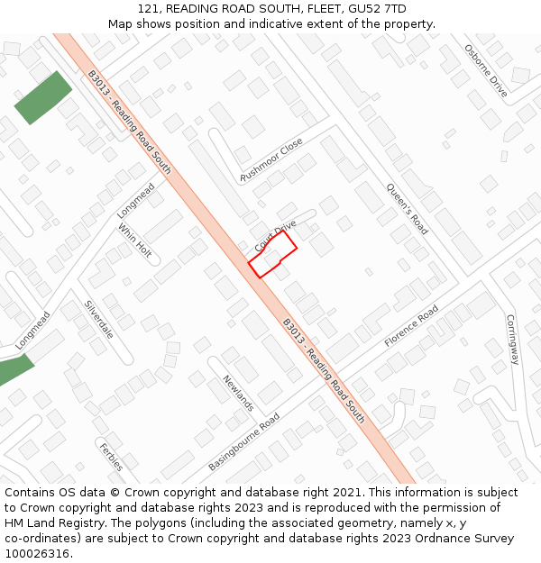 121, READING ROAD SOUTH, FLEET, GU52 7TD: Location map and indicative extent of plot