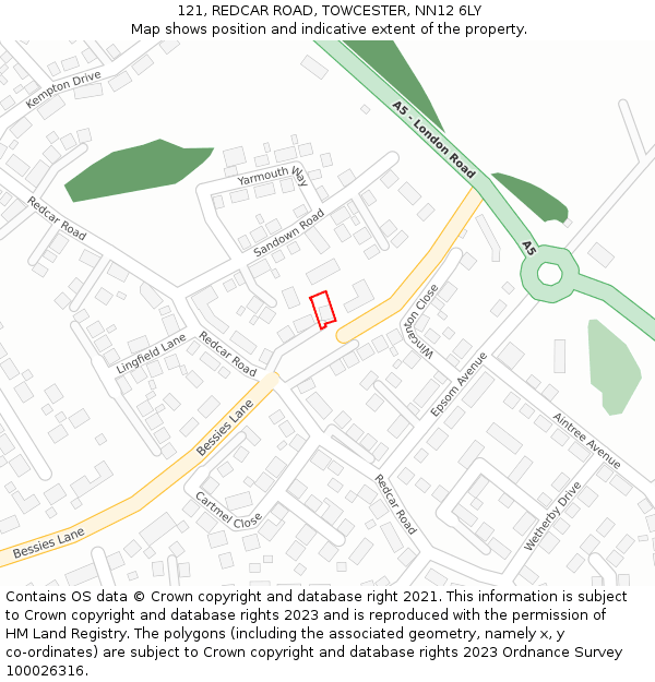 121, REDCAR ROAD, TOWCESTER, NN12 6LY: Location map and indicative extent of plot