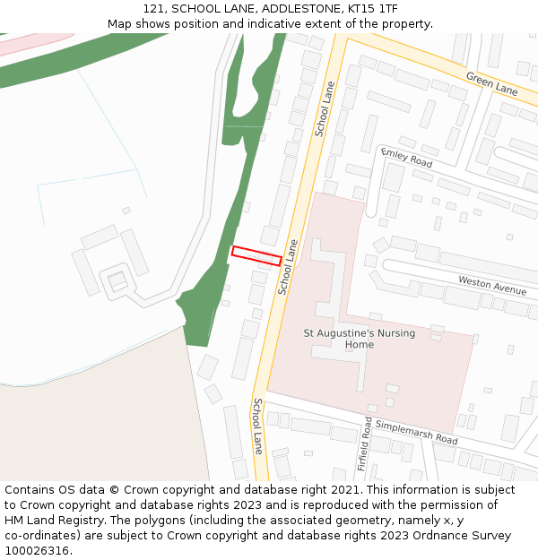 121, SCHOOL LANE, ADDLESTONE, KT15 1TF: Location map and indicative extent of plot