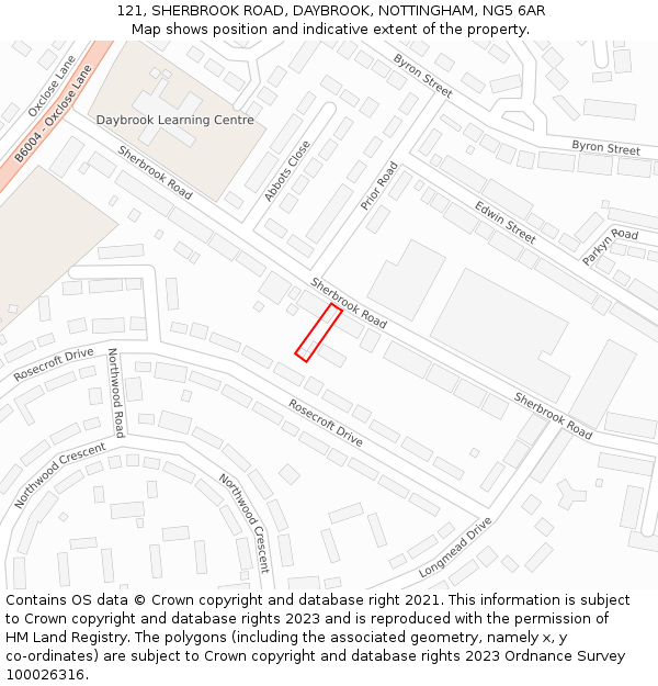 121, SHERBROOK ROAD, DAYBROOK, NOTTINGHAM, NG5 6AR: Location map and indicative extent of plot