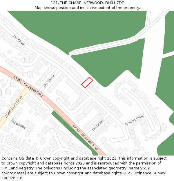 121, THE CHASE, VERWOOD, BH31 7DE: Location map and indicative extent of plot