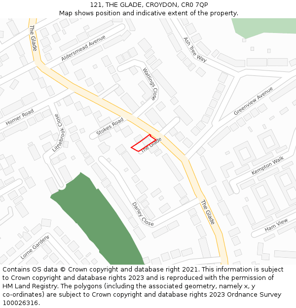 121, THE GLADE, CROYDON, CR0 7QP: Location map and indicative extent of plot