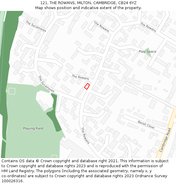 121, THE ROWANS, MILTON, CAMBRIDGE, CB24 6YZ: Location map and indicative extent of plot